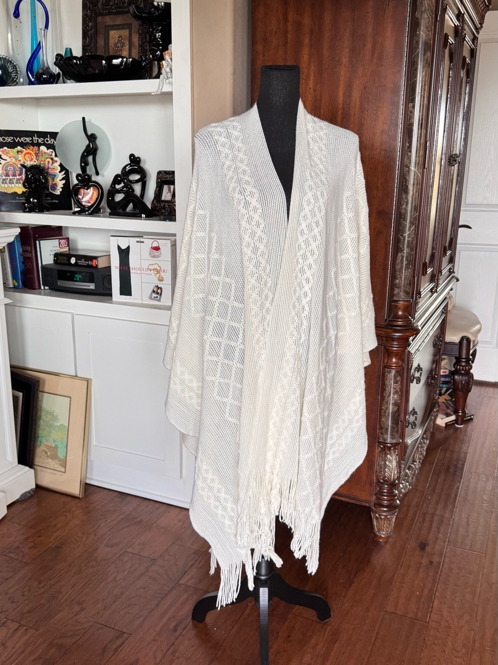 Accessory Street Ivory Knit Fringe Poncho